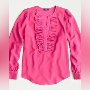 J. Crew Long Sleeve Ruffle Front Top in Satin Crepe Blouse Medium Dark Pink EUC